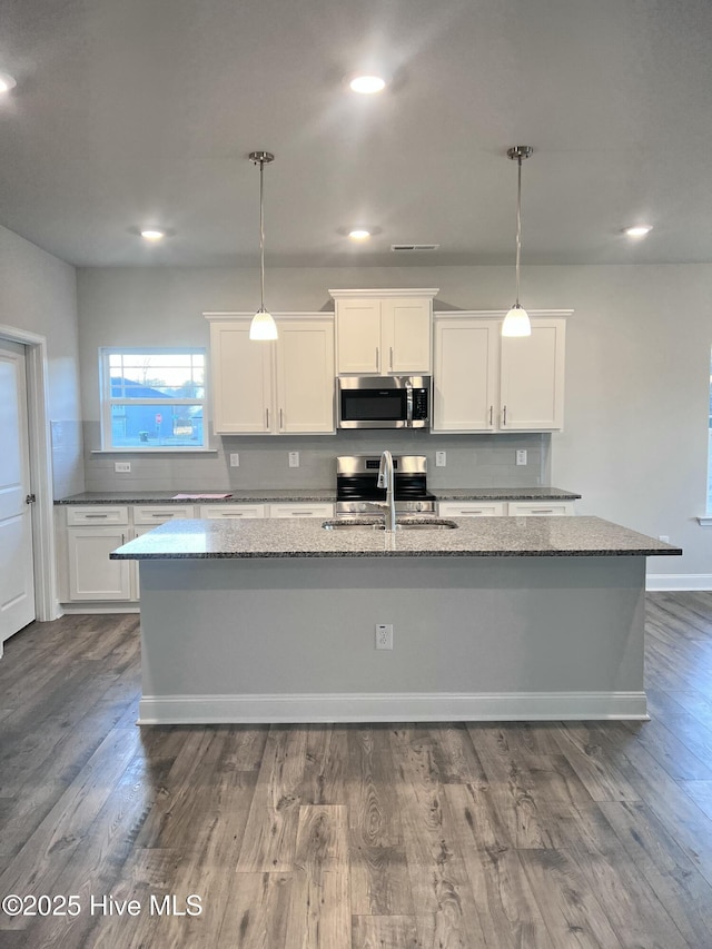 5046 Holly Hill Ct Lot 23, Battleboro, NC 27809 - kitchen featuring stainless steel appliances, a sink, an island with sink, light stone counters, and white cabinetry