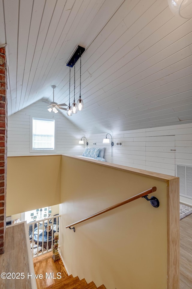 528 E 6th St, Washington, NC 27889 - stairway with wood finished floors, wooden ceiling, ceiling fan, and lofted ceiling