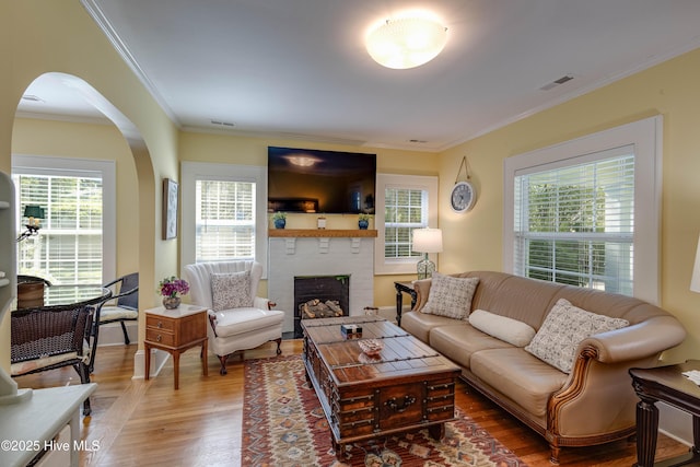 528 E 6th St, Washington, NC 27889 - living area featuring light wood-style floors, arched walkways, plenty of natural light, crown molding, and a fireplace