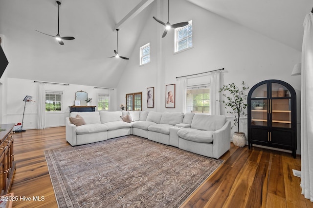 4967 E NC-24 Hwy, Beulaville, NC 28518 - living room featuring a ceiling fan, high vaulted ceiling, hardwood / wood-style flooring, and plenty of natural light