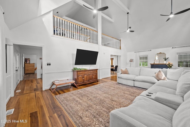 4967 E NC-24 Hwy, Beulaville, NC 28518 - living area with a ceiling fan, high vaulted ceiling, and hardwood / wood-style floors