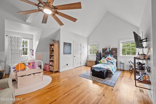 4967 E NC-24 Hwy, Beulaville, NC 28518 - bedroom with high vaulted ceiling, wood finished floors, ceiling fan, and baseboards