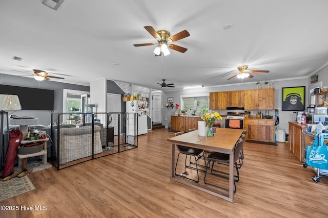 4967 E NC-24 Hwy, Beulaville, NC 28518 - dining space featuring a ceiling fan, healthy amount of natural light, ornamental molding, and light wood-style floors
