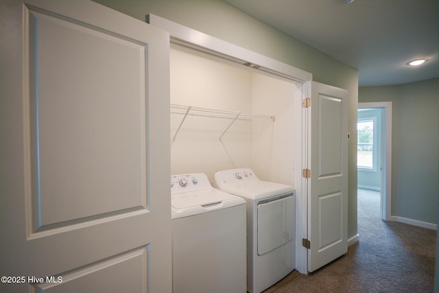 332 Starfish Ln, Sneads Ferry, NC 28460 - laundry area featuring washing machine and dryer and dark colored carpet