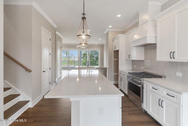 2593 Alvernia Dr, Castle Hayne, NC 28429 - kitchen with stainless steel appliances, crown molding, premium range hood, a kitchen island, and decorative backsplash