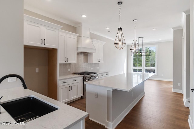2593 Alvernia Dr, Castle Hayne, NC 28429 - kitchen with stainless steel stove, a sink, custom range hood, a center island, and decorative backsplash