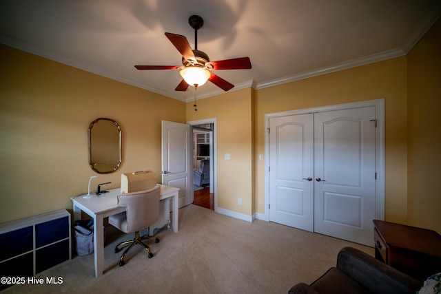 3804 Wyattwood Dr N, Wilson, NC 27896 - carpeted office featuring ornamental molding, a ceiling fan, and baseboards