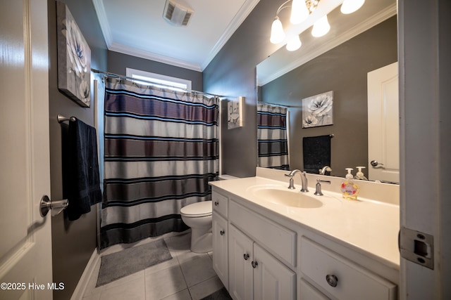 3804 Wyattwood Dr N, Wilson, NC 27896 - bathroom featuring ornamental molding, vanity, tile patterned flooring, toilet, and a shower with shower curtain