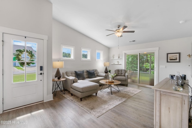 2968 Hatchers Run, Leland, NC 28451 - living area with wood finished floors, lofted ceiling, and a ceiling fan