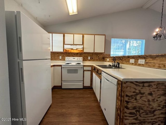 305 Saint Rosea Dr, Wilmington, NC 28405 - kitchen featuring white appliances, a sink, under cabinet range hood, lofted ceiling, and light countertops