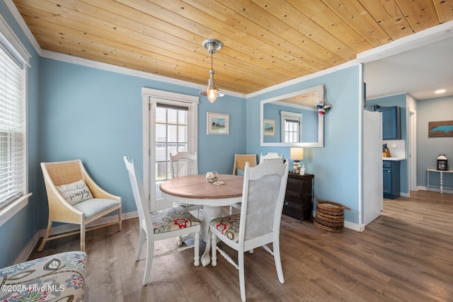 135 NE 34th St, Oak Island, NC 28465 - dining area with crown molding, wooden ceiling, and wood finished floors
