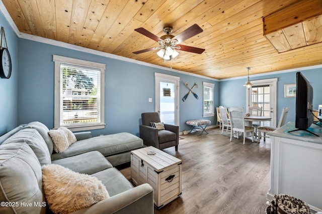 135 NE 34th St, Oak Island, NC 28465 - living area with crown molding, a ceiling fan, wood finished floors, and wooden ceiling