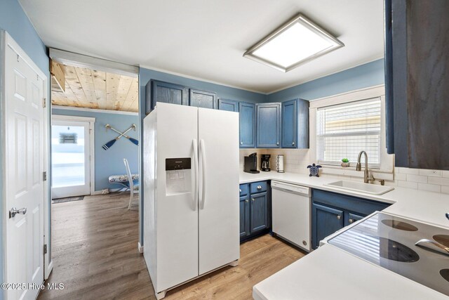 135 NE 34th St, Oak Island, NC 28465 - kitchen featuring white appliances, blue cabinets, light wood-style floors, wooden ceiling, and light countertops