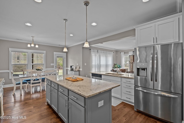264 Bibey Rd, Carthage, NC 28327 - kitchen with stainless steel appliances, a sink, gray cabinetry, a kitchen island, and white cabinets