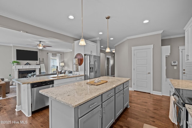 264 Bibey Rd, Carthage, NC 28327 - kitchen featuring appliances with stainless steel finishes, a center island, open floor plan, a ceiling fan, and dark wood finished floors
