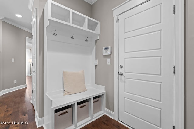 264 Bibey Rd, Carthage, NC 28327 - mudroom featuring ornamental molding, dark wood-style floors, baseboards, and recessed lighting