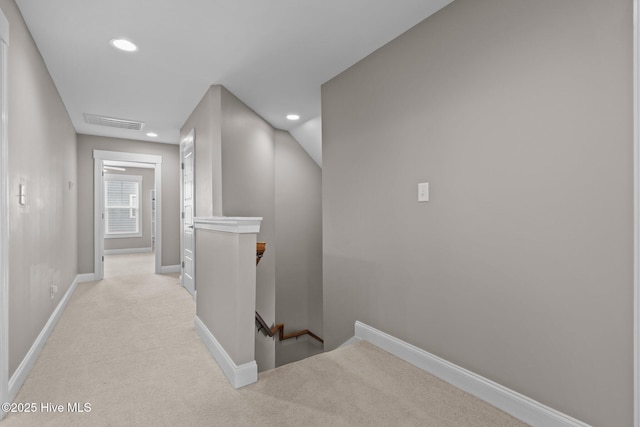264 Bibey Rd, Carthage, NC 28327 - hall with an upstairs landing, light carpet, baseboards, and recessed lighting