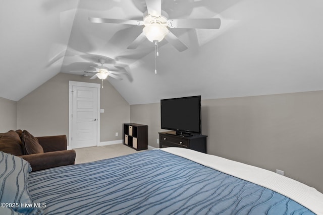 264 Bibey Rd, Carthage, NC 28327 - bedroom featuring light carpet, vaulted ceiling, ceiling fan, and baseboards