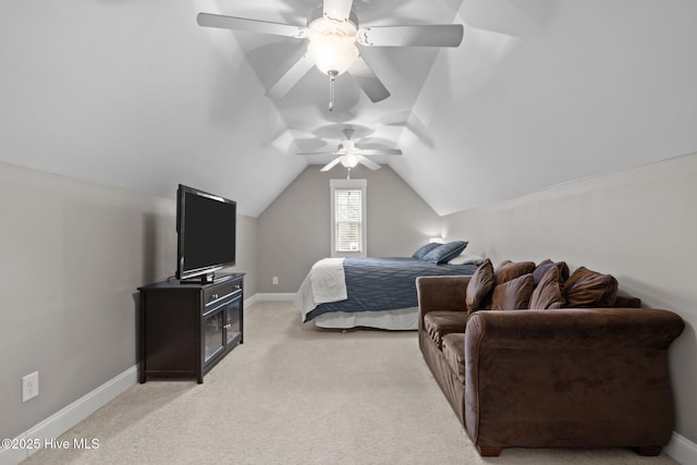 264 Bibey Rd, Carthage, NC 28327 - bedroom with lofted ceiling, light colored carpet, a ceiling fan, and baseboards