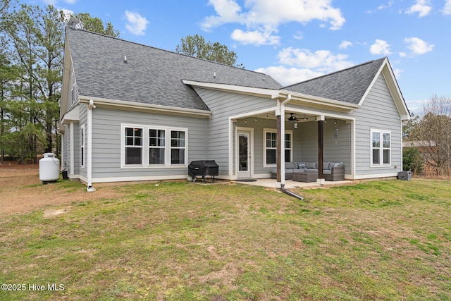 264 Bibey Rd, Carthage, NC 28327 - back of house featuring an outdoor living space, roof with shingles, a ceiling fan, and a lawn