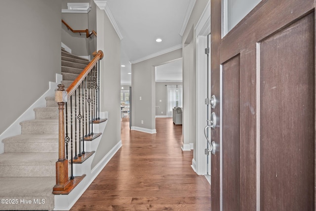 264 Bibey Rd, Carthage, NC 28327 - foyer entrance with ornamental molding, wood finished floors, stairway, baseboards, and recessed lighting