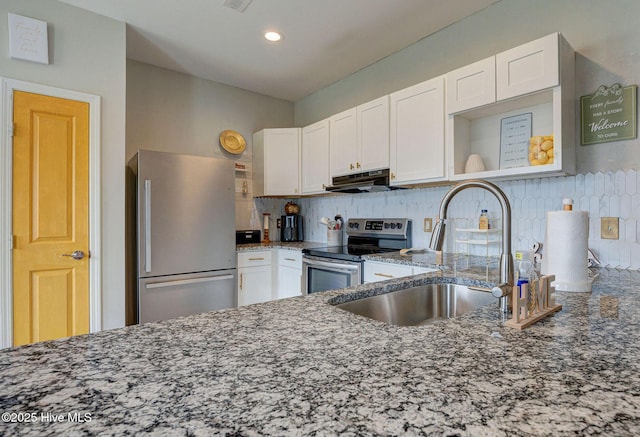 2161 Blue Bonnet Cir, Castle Hayne, NC 28429 - kitchen with appliances with stainless steel finishes, ventilation hood, white cabinets, open shelves, and recessed lighting