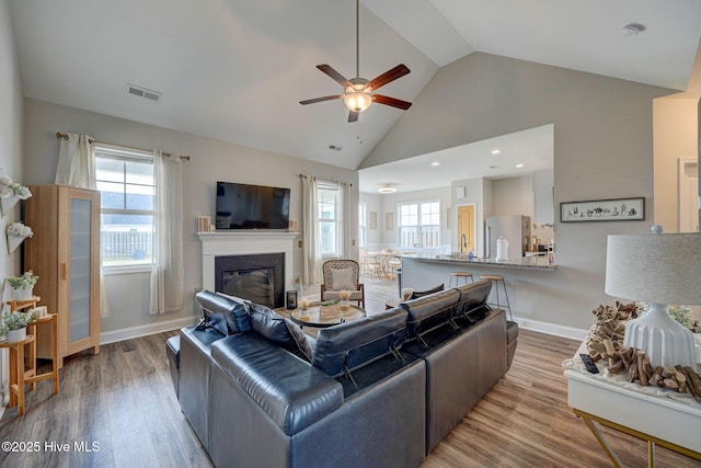 2161 Blue Bonnet Cir, Castle Hayne, NC 28429 - living room featuring a glass covered fireplace, a ceiling fan, wood finished floors, healthy amount of natural light, and high vaulted ceiling