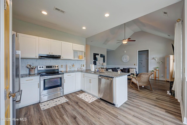 2161 Blue Bonnet Cir, Castle Hayne, NC 28429 - kitchen featuring stainless steel appliances, under cabinet range hood, a sink, light stone counters, and a peninsula