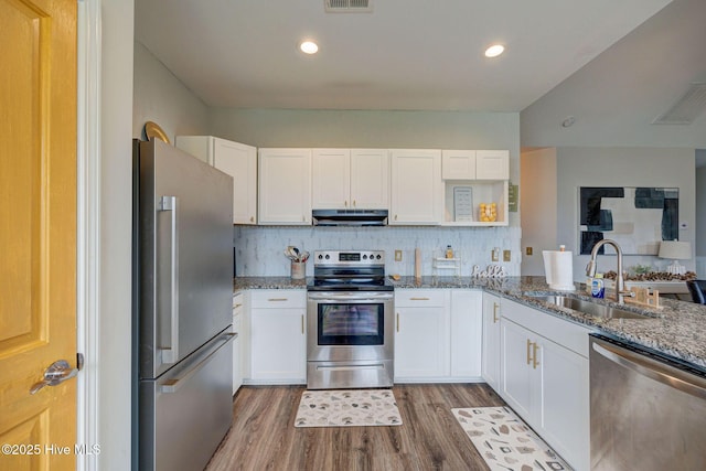 2161 Blue Bonnet Cir, Castle Hayne, NC 28429 - kitchen with stainless steel appliances, under cabinet range hood, a sink, stone counters, and white cabinetry