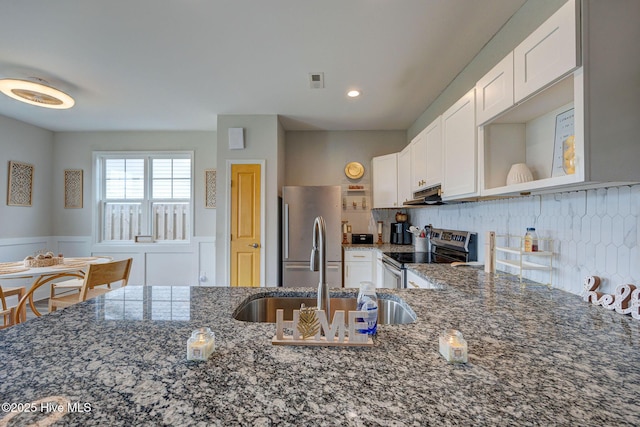 2161 Blue Bonnet Cir, Castle Hayne, NC 28429 - kitchen featuring appliances with stainless steel finishes, open shelves, a sink, under cabinet range hood, and white cabinetry