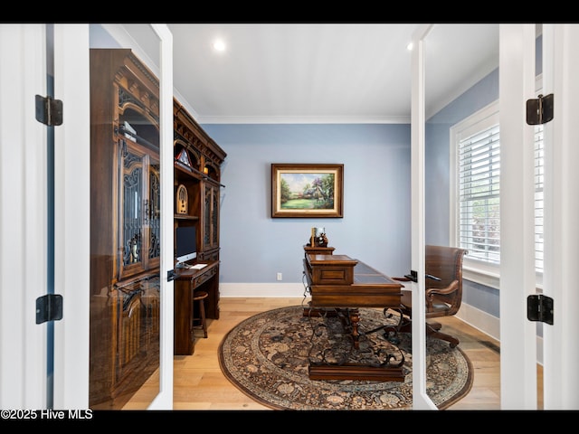 1012 Midnight Channel Rd, Wilmington, NC 28403 - office with baseboards, ornamental molding, light wood-style floors, recessed lighting, and french doors