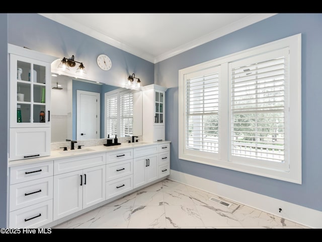 1012 Midnight Channel Rd, Wilmington, NC 28403 - full bathroom with marble finish floors, double vanity, baseboards, and ornamental molding