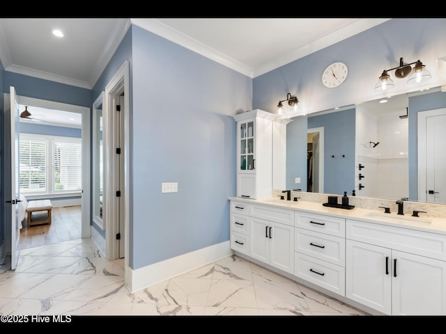 1012 Midnight Channel Rd, Wilmington, NC 28403 - bathroom with marble finish flooring, double vanity, ornamental molding, baseboards, and a shower