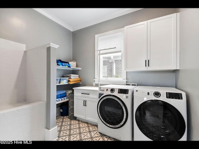 1012 Midnight Channel Rd, Wilmington, NC 28403 - laundry room featuring cabinet space, independent washer and dryer, ornamental molding, and light tile patterned floors