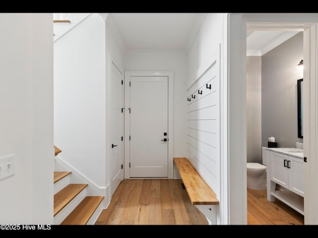 1012 Midnight Channel Rd, Wilmington, NC 28403 - mudroom with light wood finished floors and ornamental molding