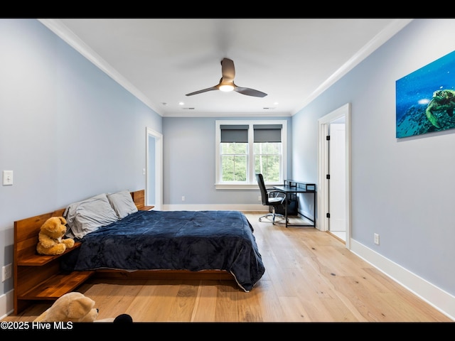 1012 Midnight Channel Rd, Wilmington, NC 28403 - bedroom with crown molding, light wood finished floors, baseboards, ceiling fan, and recessed lighting