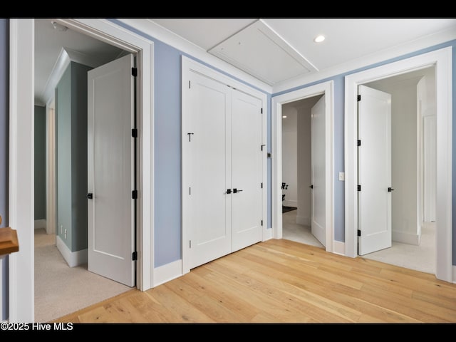 1012 Midnight Channel Rd, Wilmington, NC 28403 - corridor featuring wood finished floors, attic access, baseboards, and recessed lighting