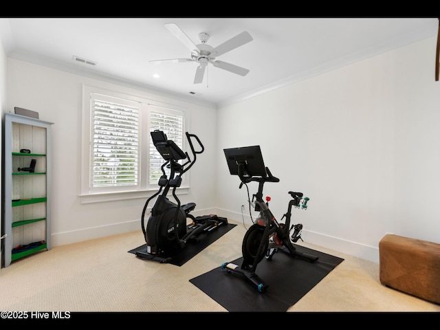 1012 Midnight Channel Rd, Wilmington, NC 28403 - workout room with carpet flooring, baseboards, ornamental molding, and ceiling fan