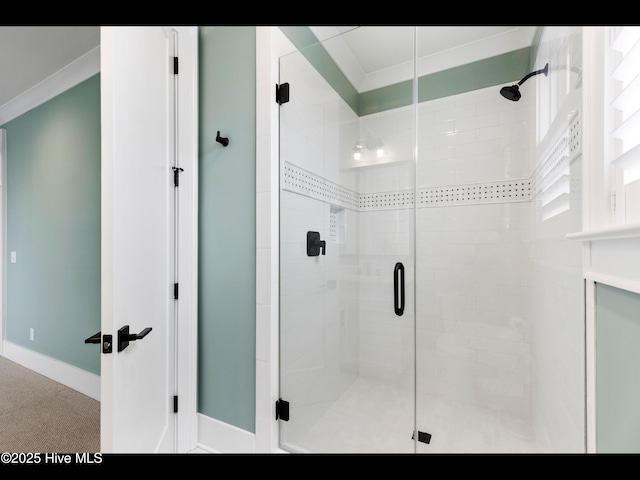 1012 Midnight Channel Rd, Wilmington, NC 28403 - full bathroom featuring a shower stall, ornamental molding, and baseboards