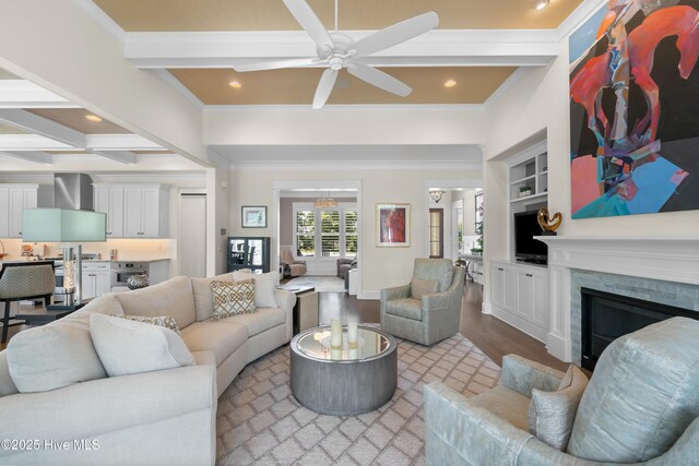 2570 Sugar Maple Ct, Southport, NC 28461 - living room featuring crown molding, ceiling fan, beam ceiling, recessed lighting, and wood finished floors
