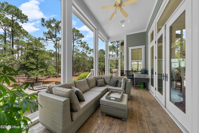 2570 Sugar Maple Ct, Southport, NC 28461 - sunroom with french doors, an outdoor hangout area, and a ceiling fan