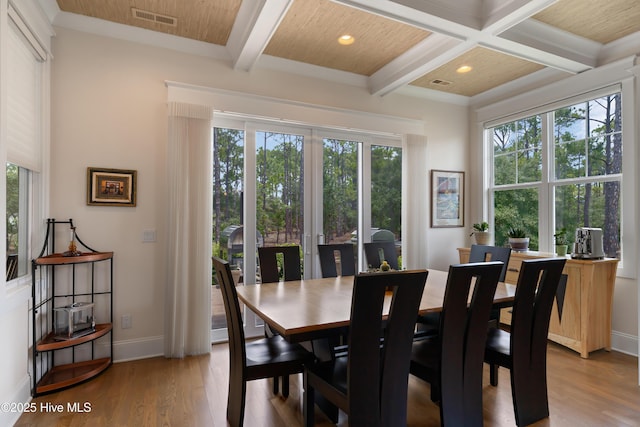 2570 Sugar Maple Ct, Southport, NC 28461 - dining room featuring coffered ceiling, healthy amount of natural light, light wood-style flooring, recessed lighting, and beam ceiling