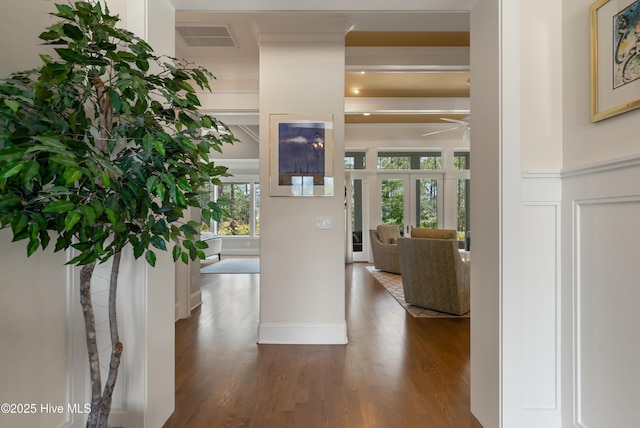 2570 Sugar Maple Ct, Southport, NC 28461 - entryway with ceiling fan, wood finished floors, a decorative wall, and a wainscoted wall