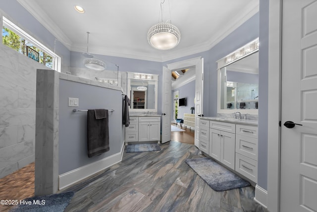 2570 Sugar Maple Ct, Southport, NC 28461 - full bathroom featuring a walk in shower, two vanities, ornamental molding, and wood finished floors