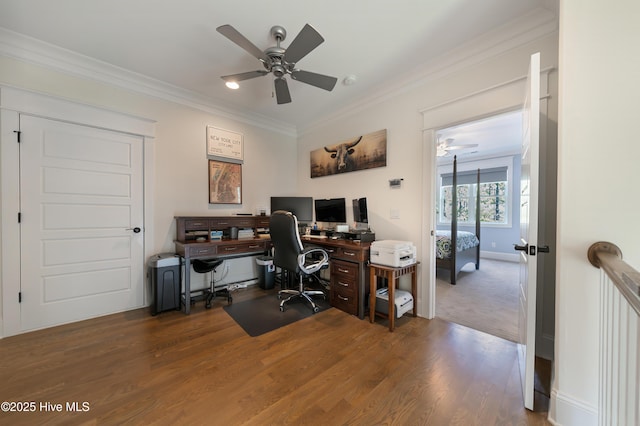 2570 Sugar Maple Ct, Southport, NC 28461 - office space featuring ceiling fan, ornamental molding, and wood finished floors