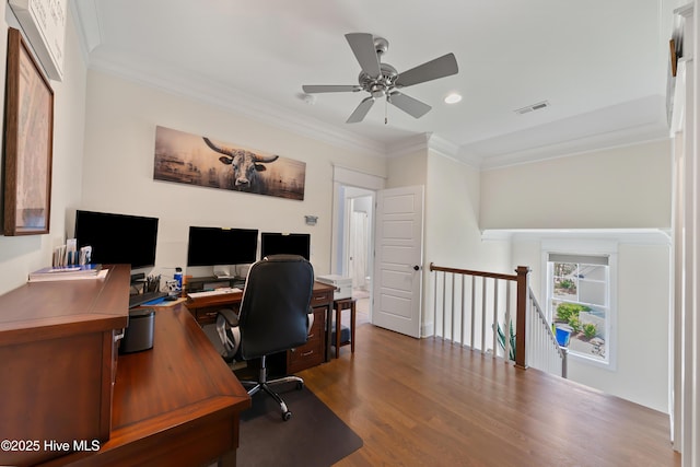 2570 Sugar Maple Ct, Southport, NC 28461 - office featuring wood finished floors, ornamental molding, a ceiling fan, and recessed lighting