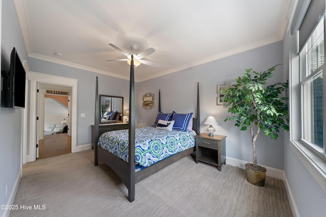 2570 Sugar Maple Ct, Southport, NC 28461 - bedroom with light carpet, a ceiling fan, and ornamental molding