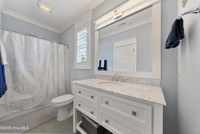 2570 Sugar Maple Ct, Southport, NC 28461 - bathroom featuring crown molding, vanity, curtained shower, and tile patterned flooring