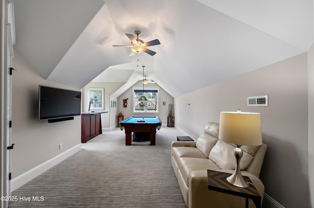 2570 Sugar Maple Ct, Southport, NC 28461 - game room featuring billiards, lofted ceiling, a ceiling fan, and light colored carpet