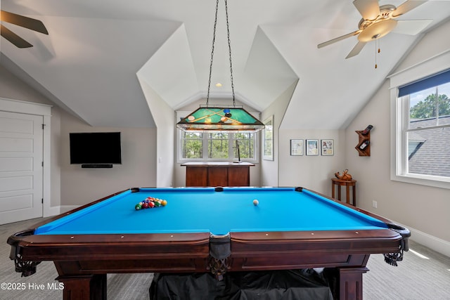 2570 Sugar Maple Ct, Southport, NC 28461 - playroom featuring ceiling fan, lofted ceiling, carpet flooring, and billiards table